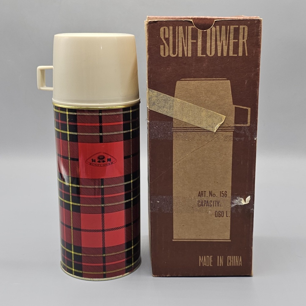 Vintage Red Plaid Metal Thermos Sunflower W/Box